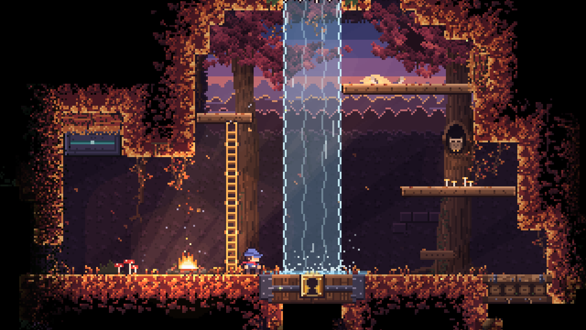 Ladderman under red autumn trees, between a campfire and a waterfall, his ladder planted up to a ledge.